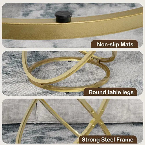 Vista 12 de Mesa de Café de Vidrio Otterease, Mesa Auxiliar Moderna con Marco de Metal Dorado en Forma de Anillo, Mesa de Café Redonda de Vidrio