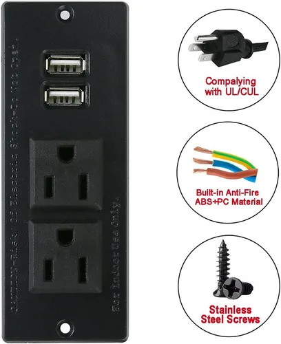 Vista 3 de Regleta de escritorio con 2 tomacorrientes, 2 USB 2.1A, montaje de inserción, mesa de escritorio integrada, sofá, gabinete, mesita de noche