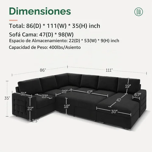 Vista 2 de HONBAY Sofá cama seccional con cama extraíble, sofá seccional en forma de U con diván de almacenamiento, sofá seccional de 6 plazas, terciopelo negro