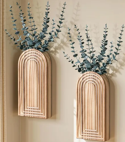 Vista 18 de DREAMLOOM Paquete de 2 jarrones de pared de madera con plantas artificiales de eucalipto, macetas para colgar en la pared, estilo bohemio y moderno