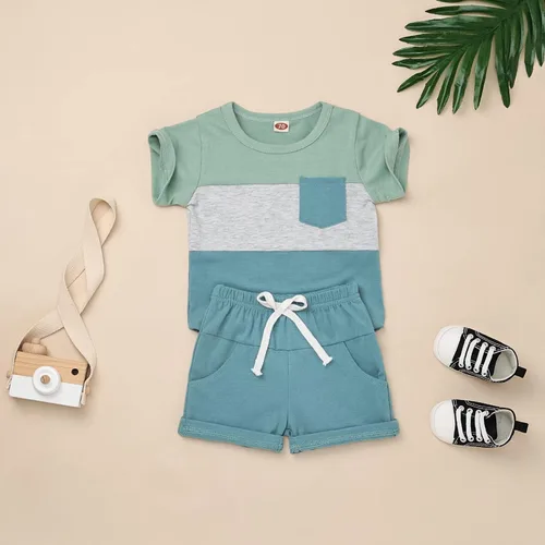 Vista 2 de Ropa para bebé niño pequeño, trajes de verano de manga corta, camiseta de retazos y pantalón con bolsillo, conjunto de 2 piezas, 12 meses a 4 años