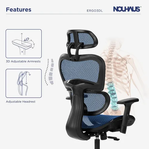 Vista 6 de Nouhaus Ergo3D Sillas de escritorio para oficina en casa ergonómicas Silla de oficina de respaldo alto de malla con ruedas y reposacabezas