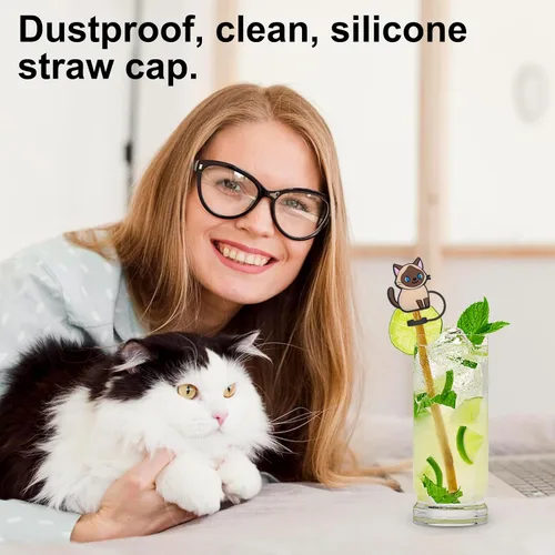 Vista 5 de Paquete de 12 fundas de popote reutilizables, con diseño de gato, a prueba de polvo, para popote de 6 a 0.315 in, protector para accesorios