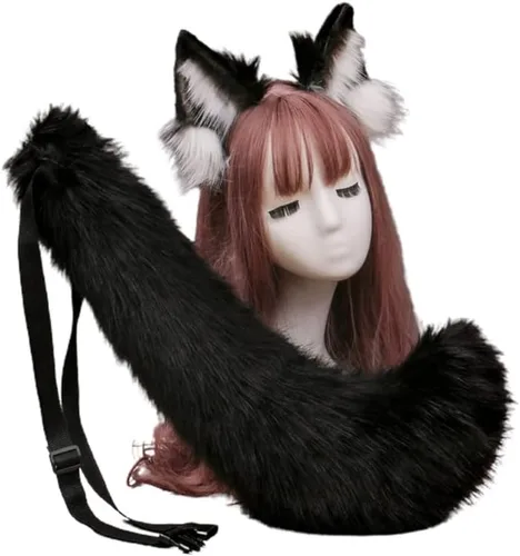 Vista 3 de Angela0123 - Juego de diadema de orejas de lobo de piel sintética y cola larga de Anmimal peludo fiesta de Halloween anime Lolita disfraz de cosplay