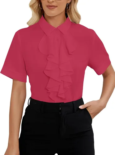Vista 15 de Vrtige Women's Ruffle Front Collar Neck Button Down Short Sleeve Blouse Shirt Top