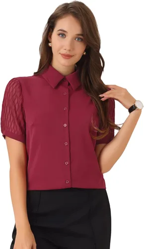Vista 6 de Allegra K Camisa de trabajo con botones para mujer, manga corta, cuello de punto