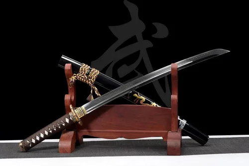 Vista 6 de Dragón Wakizashi Clay Templado T10 Acero Japonés Samurai Espada Unokubi-Zukuri Cuchilla de afeitar afilada