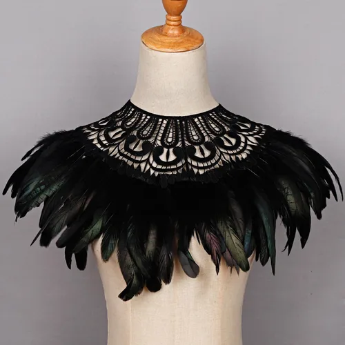 Vista 6 de L'VOW Real Negro Pluma Arnés Collar Collar Collar Babero Halloween