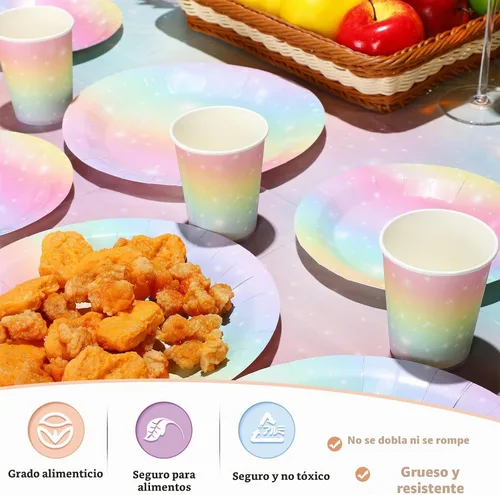 Vista 4 de Teling 172 piezas de decoraciones de cumpleaños de arcoíris, platos de arcoíris pastel, platos de cumpleaños y servilletas para 24, mantel de papel