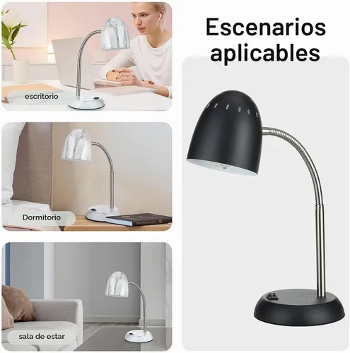Vista 5 de Lámpara de mesa de diseños simples para cuidar los ojos, lámpara de escritorio básica de metal LED E26 con cuello de ganso flexible, lámpara de Negro