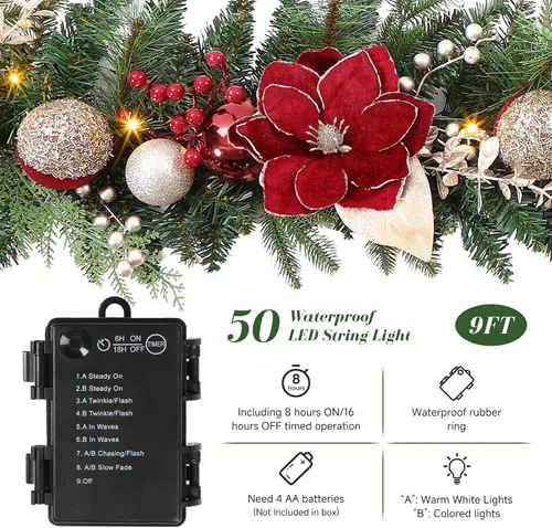 Vista 3 de SHareconn Guirnalda de Navidad preiluminada de 8.9 pies con luces LED multicolor, temporizador que funciona con pilas, incluye bola de flor