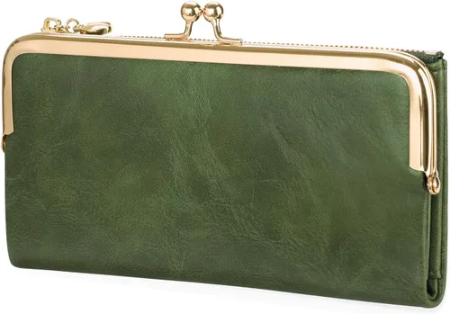 Vista 7 de GOIACII Cartera de mujer con cierre de beso, cartera larga con cremallera, con tarjetero compacto vintage para damas, A01 verde , medio, Classic