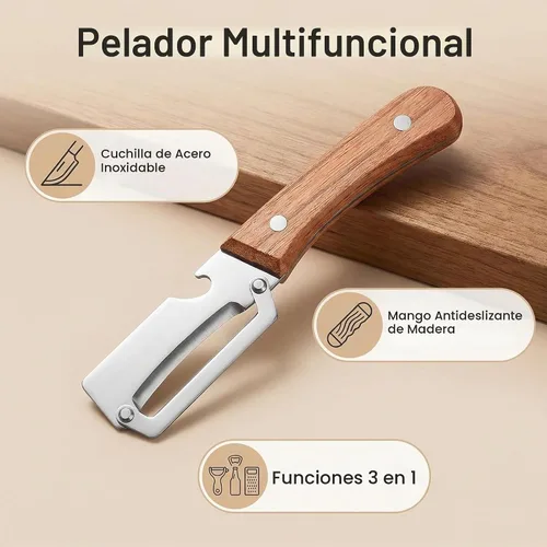 Vista 8 de Pelador de verduras multifuncional para cocina, hoja de acero inoxidable ultra afilada con mango de madera y abridor de botellas, para frutas y 1
