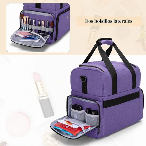 Vista 4 de BAFASO Bolsa de maquillaje de viaje grande de 2 capas con 3 bolsas Púrpura
