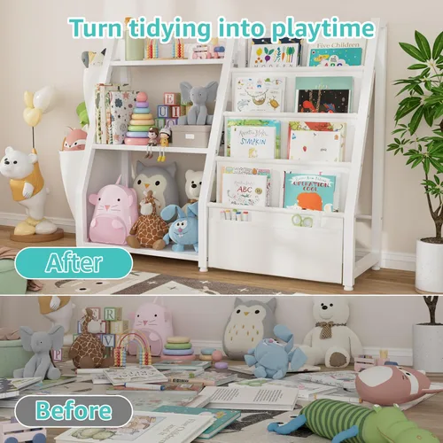 Vista 5 de Estantería para niños y almacenamiento de juguetes, organizador de juguetes con estante para libros de 3 niveles, estantería pequeña con eslinga