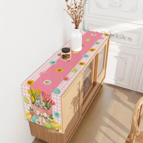 Vista 5 de Camino de mesa de Pascua a cuadros de búfalo rosa y blanco, huevo de Pascua, conejito, margarita, tulipán, decoración de mesa floral, primavera
