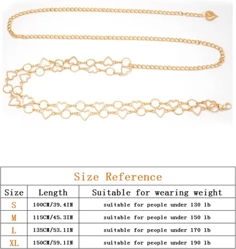 Vista 7 de Cinturón de cadena de cintura con borla larga para mujer, cadena ajustable de metal para el vientre para vestido Corazón doble dorado