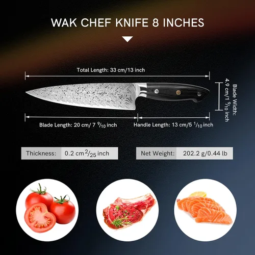 Vista 8 de WAK Cuchillo de chef de 8 pulgadas, patrón de damasco de espiga, cuchillo de cocina de hoja de acero inoxidable súper afilado, cuchillo de chef