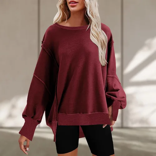 Vista 4 de Cómoda sudadera para mujer, ajuste holgado, casual, cuello redondo, a la moda, blusas de manga larga, blusas de color sólido