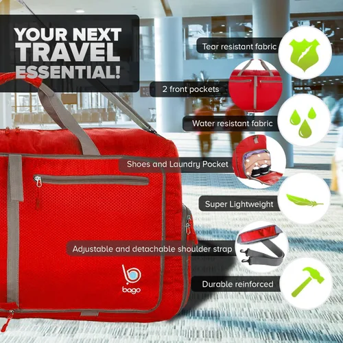 Vista 2 de Bago Bolsa de viaje para hombre y mujer, ligera, plegable, bolsa de lona para equipaje de 15.85 gal, 21.13 gal, y 26.42 gal (60 L, 80 L y 100 L)