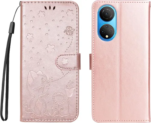 Vista 9 de Funda para Honor X7, diseño de estampado de gato y abejas de cuero de primera calidad, con función atril y cierre magnético