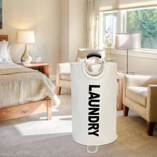 Vista 7 de Maxsilan - Cesta de lavandería grande de 90 L, cesta de ropa alta independiente, bolsa de lavandería plegable, color beige