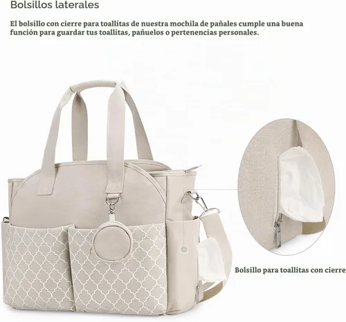 Vista 5 de Lmbabter Bolsa de pañales con cambio de estación de cambio Bolsa de bebé multifunción con correa de hombro ajustable Beige