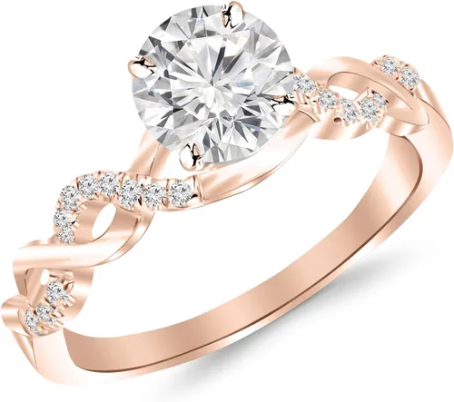 Vista 9 de Anillo de compromiso de oro y diamante Houston Diamond District, diseño de infinito retorcido, con centro redondo de corte brillante I-J I2 Platinado