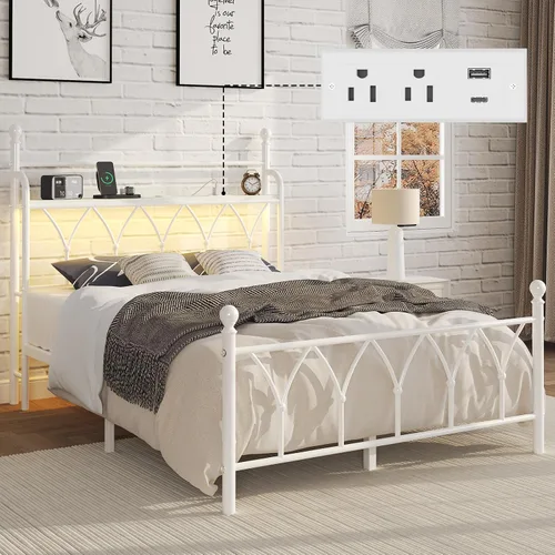 Vista 12 de E-Ser Marco de cama de plataforma de metal tamaño twin con cabecera de almacenamiento, marco de cama con luz LED, estación de carga integrada