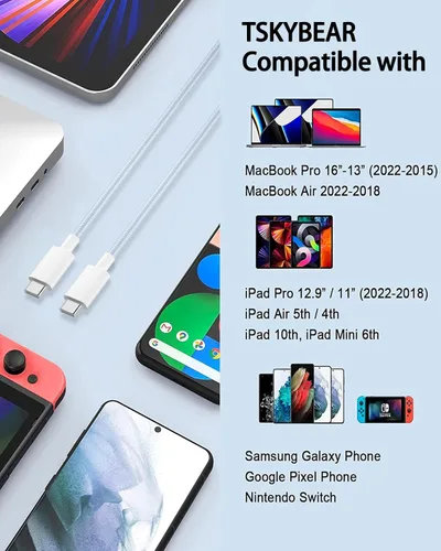 Vista 5 de TSKYBEAR Cable USB C a USB C – Cable de carga rápida de 100 W tipo C a C de repuesto para iPhone 15 Pro Max/Plus Samsung iPad Pro/Air/mini MacBook