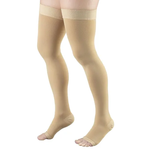 Vista 7 de Truform - Medias de compresión 20-30 mmHg para hombres y mujeres, longitud hasta el muslo, parte superior con lunares, punta abierta, color beige