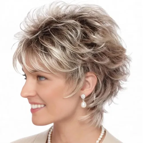 Vista 15 de TISHINING Pelucas rubias cortas en capas para mujeres blancas, longitud de la barbilla, color rubio ceniza, parte lateral, peluca Pixie Bob, cabello