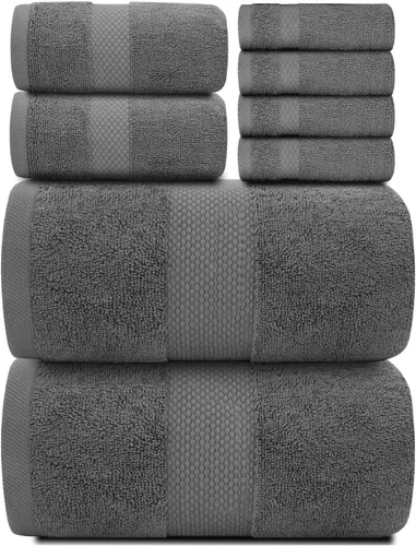 Vista 2 de White Classic Juego de toallas de 8 piezas color gris oscuro [2 toallas de baño, 2 toallas de mano, 4 toallas faciales] y 2 toallas de baño gris