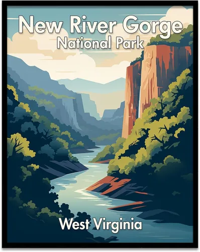 Vista 6 de New River Gorge National Park, West Virginia -11x14 Framed Poster: Cliffside Tranquility, Graceful Trees, Mountain Peaks, and Cloud-Embraced Blue