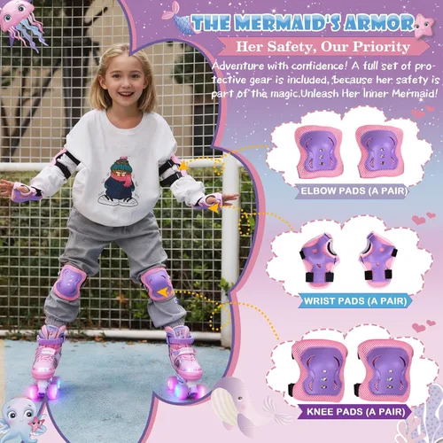 Vista 2 de Patines de sirena ajustables para niños y niñas con ruedas con luz LED, patines para interiores y exteriores para niños principiantes, juego