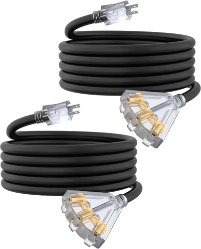 Vista 22 de Cable de extensión de calibre 12 de 2 pies con 3 salidas Paquete de 3 cables de extensión resistentes al agua para exteriores con extremo Negro