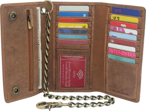 Vista 2 de CAZORO Cartera de cadena de motocicleta de Estados Unidos para hombre, 100% piel auténtica natural, bloqueo RFID triple largo, organizador de dinero
