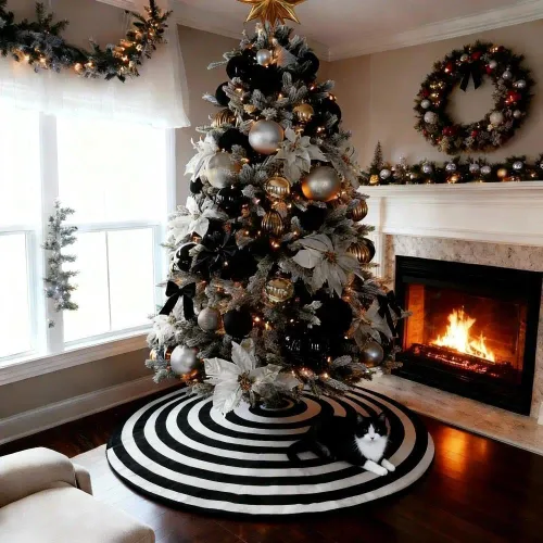 Vista 4 de Falda de árbol de Navidad en blanco y negro de 36 pulgadas, pequeña falda de terciopelo en espiral para árbol de Halloween, tapete de árbol