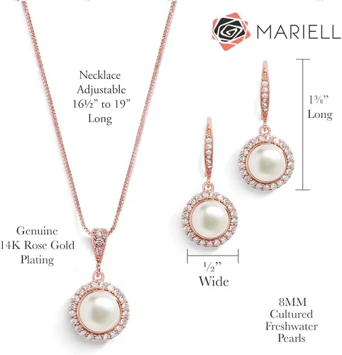 Vista 5 de Mariell Collar y pendientes de boda de perlas para novias, damas de honor, joyas de oro rosa