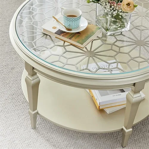 Vista 4 de Mesa de té para sala de estar, mesa de centro redonda de madera moderna con tallado calado y parte superior de cristal, 31.4/39.3 pulgadas, elegante