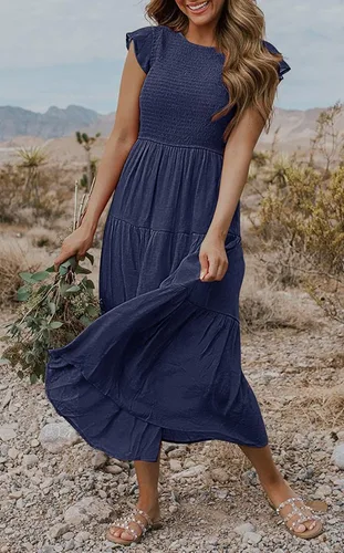 Vista 4 de MEROKEETY - Vestido midi fruncido de manga corta para mujer, vestido de verano casual, acampanado, con cintura elástica y escalonado
