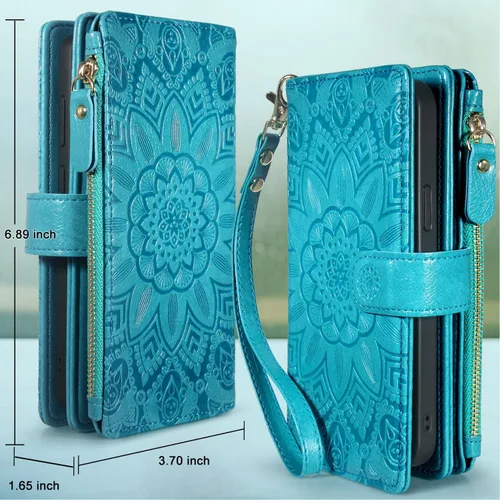 Vista 2 de Harryshell Funda de cuero desmontable con cremallera magnética con bolsillo para monedas, 12 ranuras para tarjetas, correa de muñeca para Samsung