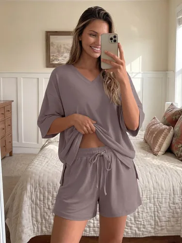 Vista 6 de Trendy Queen Conjunto corto de 2 piezas para mujer, conjuntos de descanso de verano 2026 rosa gris pardo