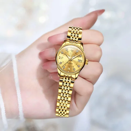 Vista 3 de OLEVS Reloj automático para mujer, de lujo, con cuerda automática, de diamante, de acero inoxidable, de fase lunar, impermeable, esfera azul luminosa