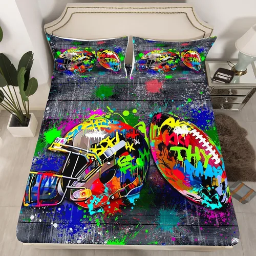 Vista 2 de Erosebridal Graffiti Rugby Ball Sheets for Boys Girls Colorful Rugby Helmet Fitted Sheet,Sports Kids Bedding Sets Football Game Bed Sets Twin 2 Piece