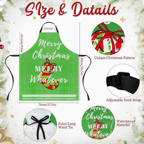 Vista 3 de Juego de 4 delantales de Navidad – Delantales ajustables con árbol de Navidad, medias, muñeco de nieve para la familia, decoración festiva de cocina