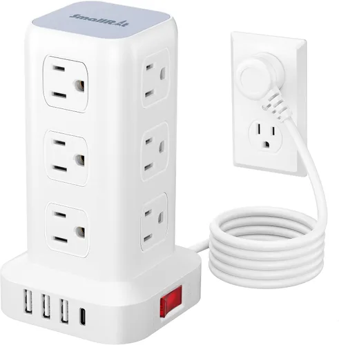 Vista 15 de Regleta de alimentación con 12 tomas, 4 USB (1 USB C), cable de extensión de 6.5 pies con múltiples tomas, estación de carga, torre de regleta