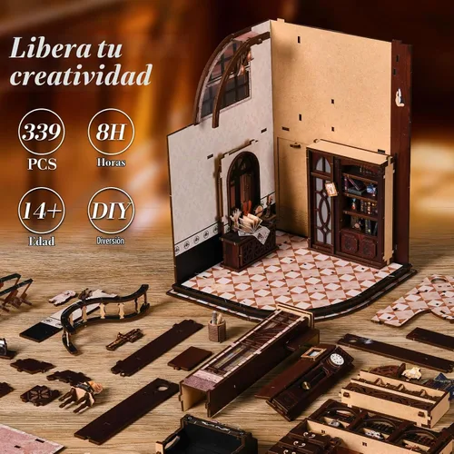 Vista 3 de Kit de casa en miniatura, rompecabezas de madera 3D para adultos, kit de rincón de libro con luz LED táctil, inserto de estantería de biblioteca