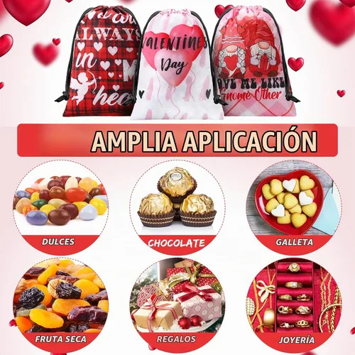Vista 4 de Berlune 24 bolsas con cordón para el día de San Valentín, reutilizables a granel, bolsas de regalo de globos de gnomo de corazón rosa y rojo, 7 x 10