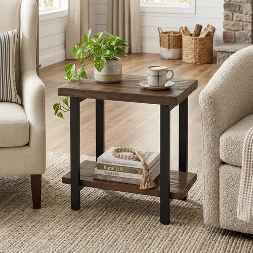Vista 2 de Alaterre Furniture Pomona - Mesa auxiliar de madera maciza de 2 niveles con acabado natural y patas de metal, decoración moderna de granja